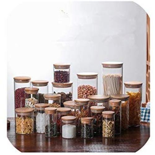 1Pc Glass Food Storage Bottle Bamboo Cover Sealed Grains Nuts Tank Can Kitchen Sorting Food Storage Box Container Jm 004,65X80Mm