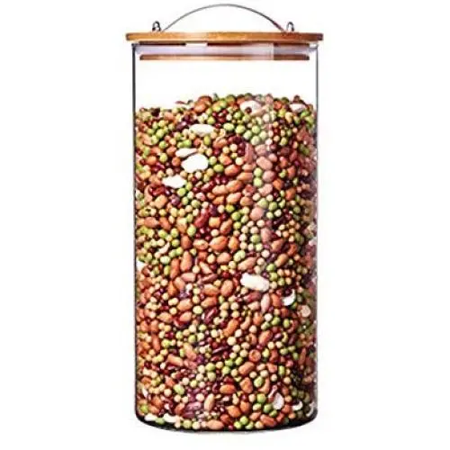 Contenant de Stockage en Verre Borosilicaté, Cylindre Transparent avec Couvercle en Bambou et Anneau de Joint en Silicone – Idéal pour les Aliments et les Boissons. Contenant de Stockage en Verre Borosilicaté, Cylindre Transparent avec Couvercle en Bambou et Anneau de Joint en Silicone – Idéal pour les Aliments et les Boissons.