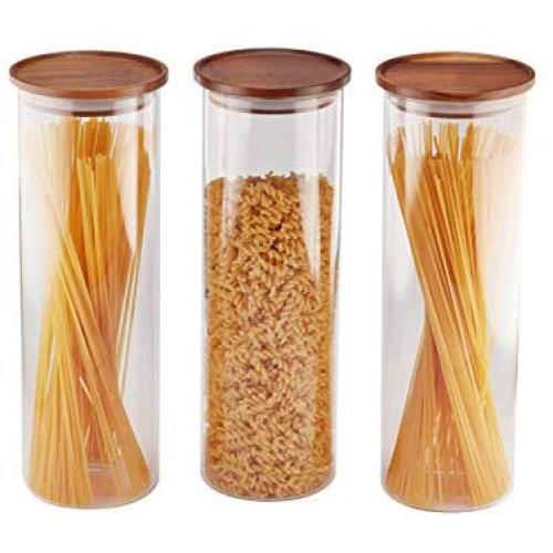 Essos Glass Jars with Wood Lids Set of (3) 68oz Canisters - Airtight and Stackable Storage Containers for the Kitchen or Pantry holds Food Cookies Coffee Spaghetti Pasta