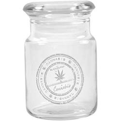 Clear Glass Herb Stash Jar with Lid 4.5 oz with Cannabis Stamp from Smoke Promos