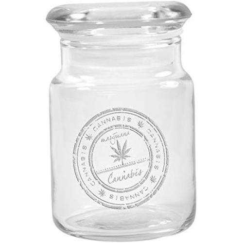 Clear Glass Herb Stash Jar with Lid 4.5 oz with Cannabis Stamp from Smoke Promos