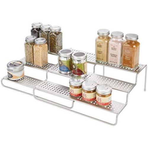 mDesign Adjustable, Expandable Kitchen Wire Metal Storage Cabinet, Cupboard, Food Pantry, Shelf Organizer Spice Bottle Rack Holder - 3 Level Storage - Up to 25" Wide - Satin