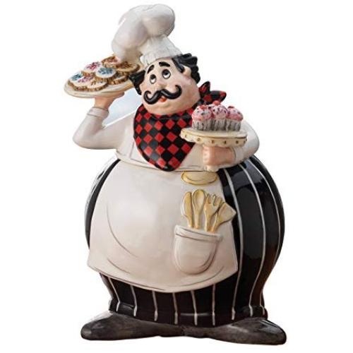 American Atelier 5916-JAR-GB Buon Appetito Chef Canister Ceramic Chic Design With Lid for Cookies, Candy, Coffee, Flour, Sugar, Rice, Pasta, Cereal & More Black and White, 8.75x7x12.5",