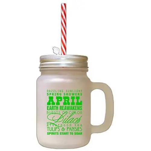 Green April Earth Reawakens Spring Seaosn Frosted Glass Mason Jar With Straw