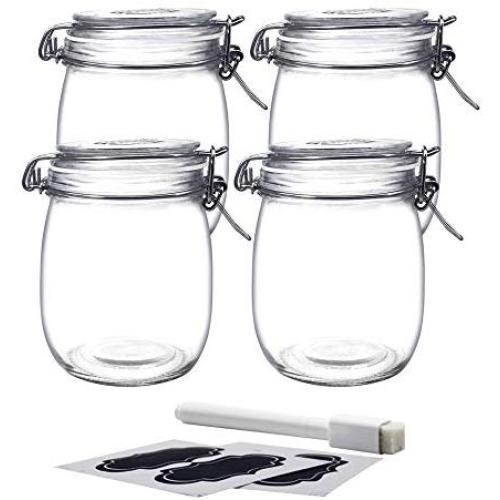 YEBODA 24oz Food Storage Canister Glass Jars with Clamp Airtight Lids and Silicone Gaskets for Multi-Purpose Kitchen Containers - Clear Round (4 Pack)