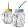 Mason Jar Mugs with Handle, Regular Mouth, Colorful Lids with 2 Reusable Stainless Steel Straw, Set of 2 , Kitchen GLASS 16 oz Jars,''Refreshing Ice Cold Drink'' & Dishwasher Safe