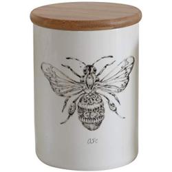 Creative Co-Op White Stoneware Jar with Bee Image & Bamboo Lid