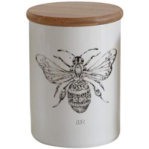 Creative Co-Op White Stoneware Jar with Bee Image & Bamboo Lid
