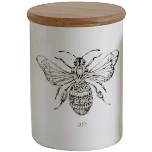 Creative Co-Op White Stoneware Jar with Bee Image & Bamboo Lid