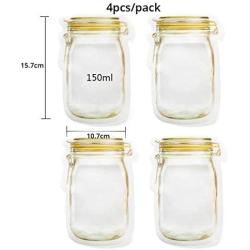 Kasuki Mason Jar Shaped Food Container Plastic Bag Portable Household Clear Zipper Sealed Zip-Lock Reclosable Storage Bag - (Color: 4 pcs)