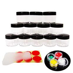 GreatforU 12pack 20 Gram Small Clear Cosmetic Sample 20ml Empty Containers for Make-up Gifts, Eye-Shadow, Nails, Powder, Gems, Beads, Jewelry, Cream, 20g Pot Jars with BLACK Cap Lids, Free Spatulas