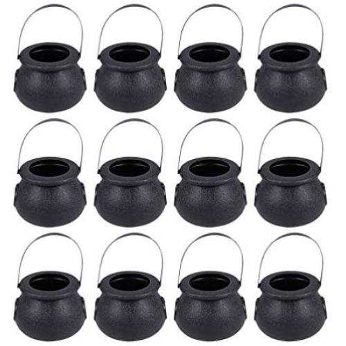 LIOOBO 12Pcs Candy Jars Halloween Witch Candy Jar Kettles Witch Cauldron Handheld Candy Bucket for Halloween Party Hanging Props (Black 5x7cm)