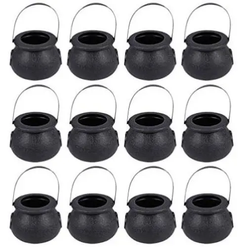 LIOOBO 12Pcs Candy Jars Halloween Witch Candy Jar Kettles Witch Cauldron Handheld Candy Bucket for Halloween Party Hanging Props (Black 5x7cm)