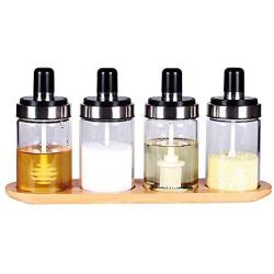 Condiment Pots Set, 4 Pack Condiment Container with Non-slip Bamboo Base, Kitchen Glass Sugar Bowl with Spoons, Honey Pot Jar with Dripper, Oil Bottle with Brush and Lids for Salt, Spices, Seasonings