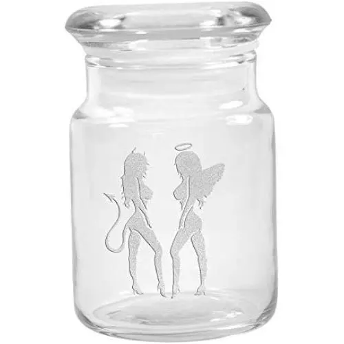 Klarer Glas Kräuterdunstbehälter mit Deckel 4,5 oz mit Engel und Teufel Silhouette von Smoke Promos