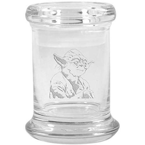 Clear Glass Herb Stash Jar and Lid 2.75 oz with Yoda Logo from Smoke Promos