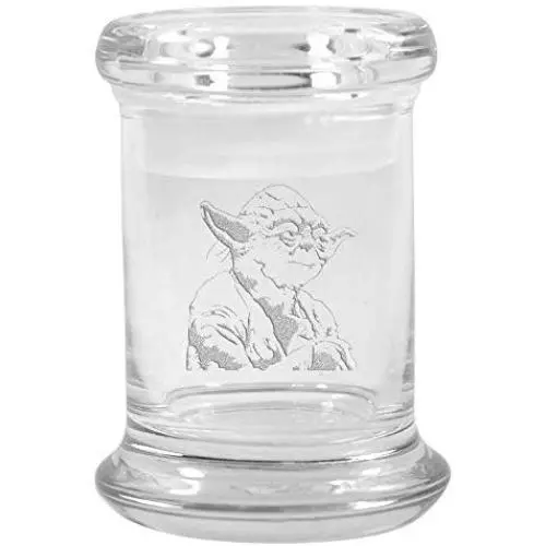 Clear Glass Herb Stash Jar and Lid 2.75 oz with Yoda Logo from Smoke Promos