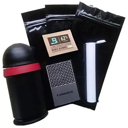 Dichtungsbehälter Stash Jar 5 Unzen Stash Box Bonus Bundle: Kärtigreifer, Einfüllrohr, 4x8 Zoll Beutel und Feuchtigkeitspackung Luftdichte Lebensmittelaufbewahrungsbehälter Kleine Behälter Lids Rolling Tray Zubehör