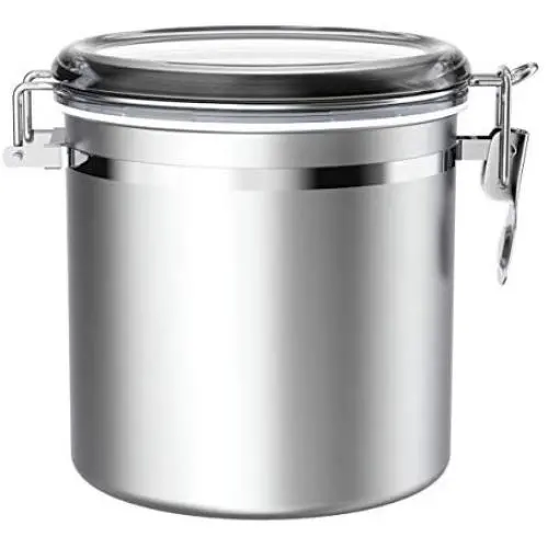 Stainless Steel Airtight Canister for Kitchen, Large Flour Coffee Bean Tea Cereal Sugar Cookie Metal Food Storage Canisters with Clear Lid and Sturdy Locking Clamp