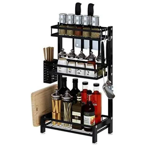 3 Tier Metal Kitchen Spice Rack Countertop Standing Corner Shelf Removable Seasoning Organizer Jars Bottle Storage Knife Utensils Cutting Board Holders with 3 Hooks, Black 3 Tier Metal Kitchen Spice Rack Countertop Standing Corner Shelf Removable Seasoning Organizer Jars Bottle Storage Knife Utensils Cutting Board Holders with 3 Hooks, Black