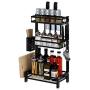 3 Tier Metal Kitchen Spice Rack Countertop Standing Corner Shelf Removable Seasoning Organizer Jars Bottle Storage Knife Utensils Cutting Board Holders with 3 Hooks, Black