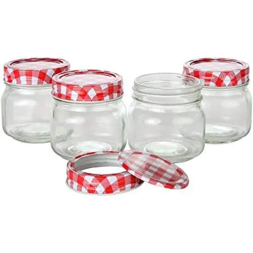 Lily’s Home Klassische Regular Mouth Glas Mason Gläser mit Karo-Lids und Bändern, Verwendung als Gelbehälter oder zur Aufbewahrung, ideal für hausgemachte Saucen, Essiggurken, Kerzen oder Tee (8 oz. Fassungsvermögen, Packung mit 4 Stück)