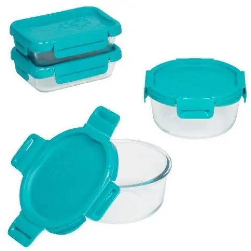 Pyrex 4-Lock Food Storage Container Set – 8er Set, Türkis, 2er 2-2 Cup & 2er 4 Cup Behälter