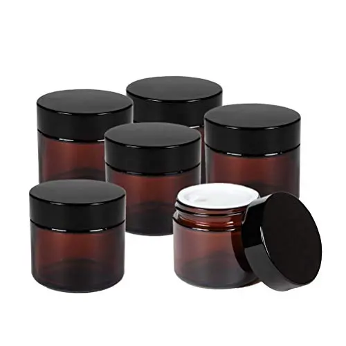 6 x 50g Runde Bernstein Glasbehälter mit schwarzem Kunststoffdeckel und Innenliner für Salben, hausgemachte Lotionen, Kosmetika