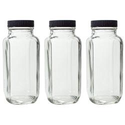 8 oz Clear Thick Plated Glass French Square Empty Bottle Jar with Lid (3 Pack) Perfect for Home, Travel, Juicing, Kombucha