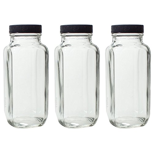 8 oz Clear Thick Plated Glass French Square Empty Bottle Jar with Lid (3 Pack) Perfect for Home, Travel, Juicing, Kombucha