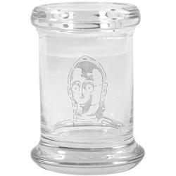 Clear Glass Herb Stash Jar with Lid 2.75 oz with C3P0 Logo from Smoke Promos