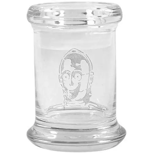 Clear Glass Herb Stash Jar with Lid 2.75 oz with C3P0 Logo from Smoke Promos