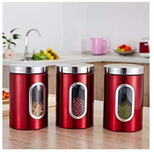 storage jar Grain container Food container Storage Box，Holiday Gifts Creative Stainless Steel Kitchen Snacks Sealed Cans Gift Storage Tanks, Red Sets 3