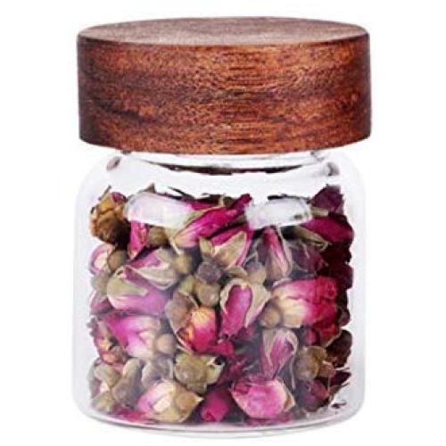 1PCS 120ml/4oz Empty Clear Borosilicon Glass Storage Jar Bottle with Screw Wooden Lid Sealed Canister Can Food Storage Container Packing Jar Pot Vial for Tea Coffee Honey Spice Candy and More