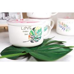 Microwavable Ceramic Noodle Bowl with Handle and Seal Fine Porcelain Green Leaf Design (Leaf-7)