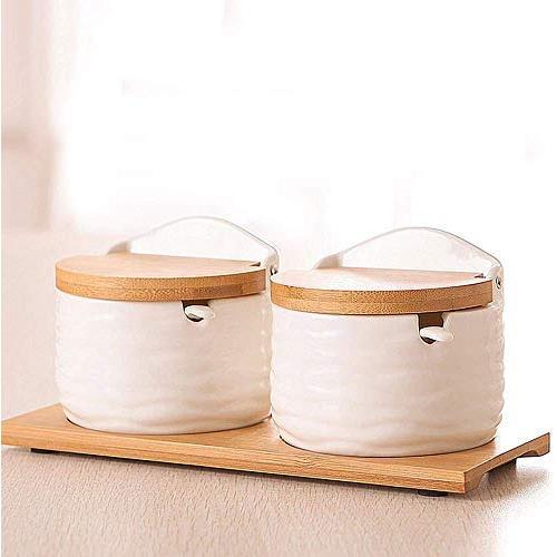 Kitchen seasoning box/Ceramic Condiment Storage Container with Tray White Salt jar Three-Piece Set (Color : C)