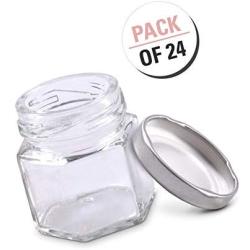 vivaBKK Hexagonal Mini Glass Jar with Silver Lids and Labels 1.5 Ounce Pack of 24-Pack