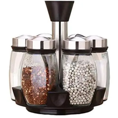 Ensemble de 6 Pots à Condiments en Verre Jeerbly, Petites Boîtes de Rangement pour Épices avec Couvercles Hermétiques et Râtelier Tournant Accessoires de Cuisine pour Camping Extérieur Barbecue
