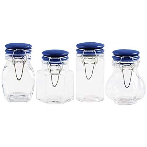 4er Set Glasen Mason Gläser - Verschiedene Formen – Rund, Oktaedrisch, Quadratisch, Kugelförmig, mit Kippdeckel und Verschluss – Für Gewürze, Kräuter und kleine Gegenstände – 4 Größen – 60 ml, 79 ml, 85 ml, 90 ml (Blau)