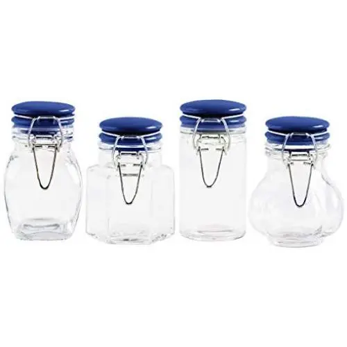 4 Pack- Glass Mason Jars - Unique Shapes -Round, Octagon, Square, Ball Shaped, Flip-Top Gasket With Hinge - For All Spices, Herbs, And Small Things -4 Sizes- 2.4oz, 3.1oz, 3.4oz, 3.7oz. (Blue)