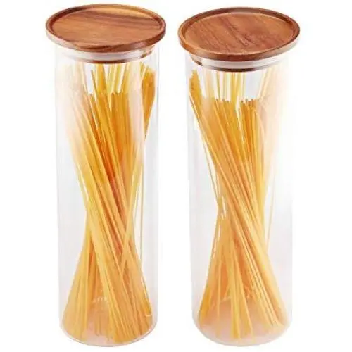 Essos Glass Jars with Wood Lids Set of (2) 68oz Canisters - Airtight and Stackable Storage Containers for the Kitchen or Pantry holds Food Cookies Coffee Spaghetti Pasta Essos Glass Jars with Wood Lids Set of (2) 68oz Canisters - Airtight and Stackable Storage Containers for the Kitchen or Pantry holds Food Cookies Coffee Spaghetti Pasta