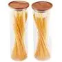Essos Glass Jars with Wood Lids Set of (2) 68oz Canisters - Airtight and Stackable Storage Containers for the Kitchen or Pantry holds Food Cookies Coffee Spaghetti Pasta Essos Glass Jars with Wood Lids Set of (2) 68oz Canisters - Airtight and Stackable Storage Containers for the Kitchen or Pantry holds Food Cookies Coffee Spaghetti Pasta