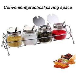 CSPFAIRY Kitchen Clamshell Design Seasoning Jar Metal Shelf with Spoon Spice Box 5 Piece Set Lead Free Glass Seasoning Bottle Suitable for Every Family