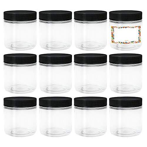 ljdeals 8oz Clear PET Plastic Jars with Lids, Refillable Empty Round Containers, Pack of 12, BPA Free, Made in USA, 12 Labels, Perfect for Kitchen, Cosmetic, Lotion, Personal Care Products and more