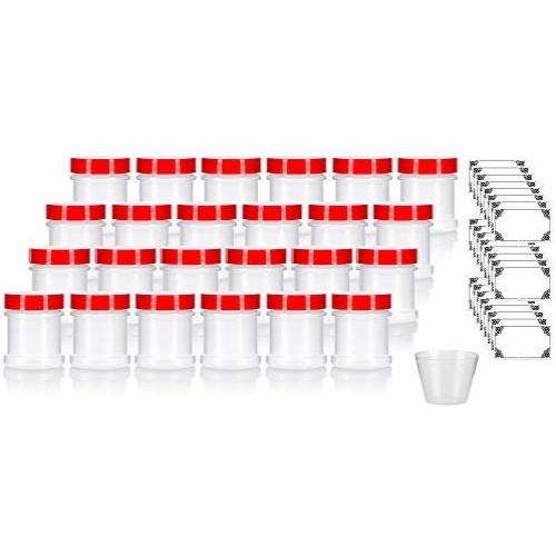 Natural Spice Sifter Jar with Airtight Red Lids holds 1 oz / 30 ml / 28 grams each (24 pack) + Labels and Measuring Cup
