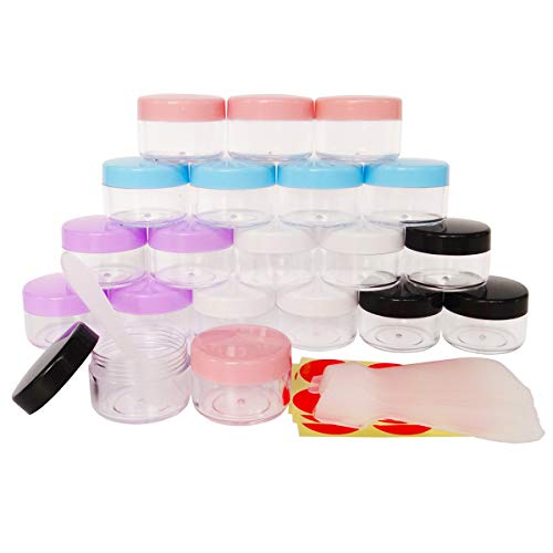 GreatforU 20pack 15ml Makeup Sample Jars, BPA Free, Small Empty Cosmetic Container, Plastic Round Pot Screw-up Cap Lid, Travel 15g Jar for Lip Gloss Scrubs Salves Ointments Facial Creams Bath Lotions