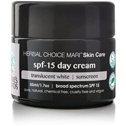 Natural SPF-15 Moisturizing Day Cream by Herbal Choice Mari (Translucent White, 1.7 Fl Oz Glass Jar) - Made with Organic Ingredients - No Toxic Synthetic Chemicals