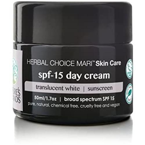 Natural SPF-15 Moisturizing Day Cream by Herbal Choice Mari (Translucent White, 1.7 Fl Oz Glass Jar) - Made with Organic Ingredients - No Toxic Synthetic Chemicals
