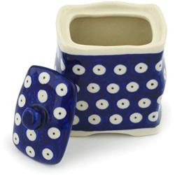 Polish Pottery Jar with Lid 4-inch Blue Eyed Peacock