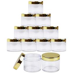 Beauticom 2 oz./ 60 Grams/ 60 ML (Quantity: 12 Packs) Thick Wall Round Clear Plastic LEAK-PROOF Jars Container with GOLD Lids for Cosmetic, Lip Balm, Lip Gloss, Creams, Lotions, Liquids